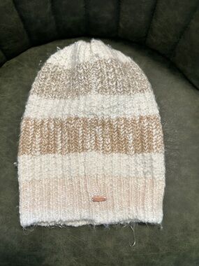 Free People Cream and Tan Striped Knit Beanie